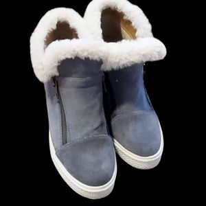 Jolimall Grey Suede Wedge zip up sneakers.